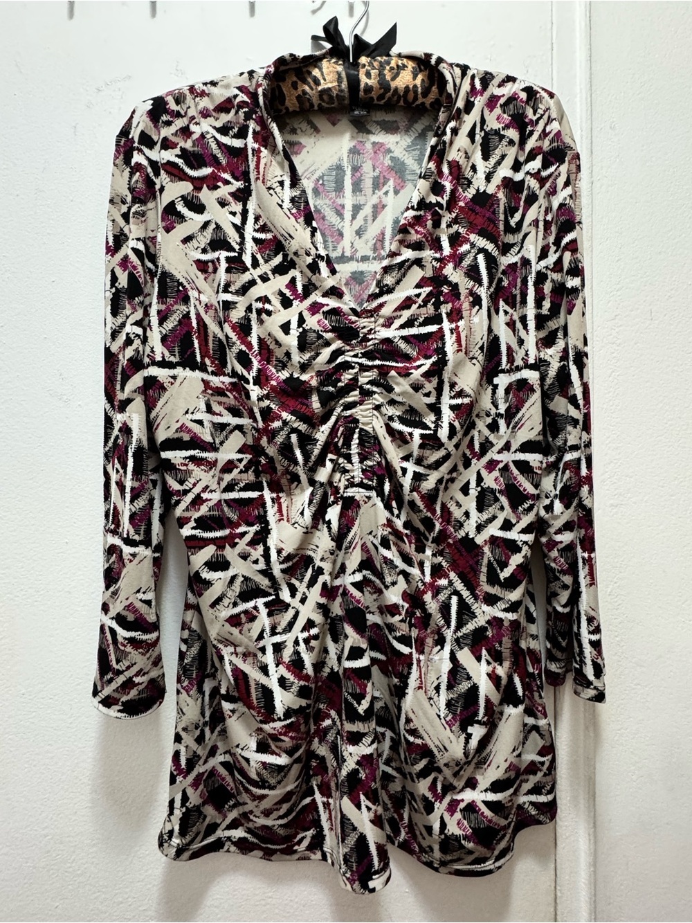 Alfani Abstract Print Ruched V-Neck Long Top - Cream, Black & Burgundy